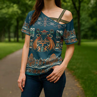 Dark Cyan Blue Batik Papua-inspired Pattern Cross Shoulder Shirt LT9 - Polynesian Pride