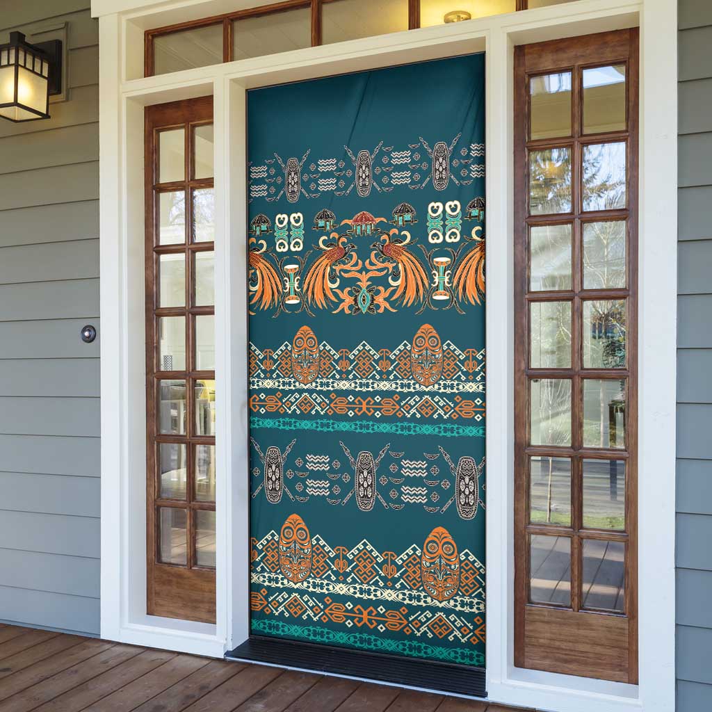 Dark Cyan Blue Batik Papua-inspired Pattern Door Cover - Polynesian Pride