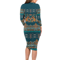 Dark Cyan Blue Batik Papua-inspired Pattern Family Matching Long Sleeve Bodycon Dress and Hawaiian Shirt - Polynesian Pride