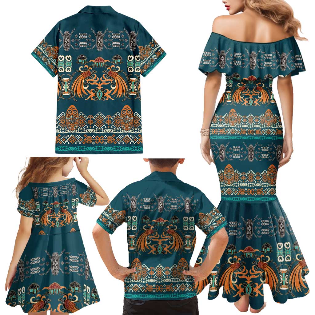 Dark Cyan Blue Batik Papua-inspired Pattern Family Matching Mermaid Dress and Hawaiian Shirt - Polynesian Pride