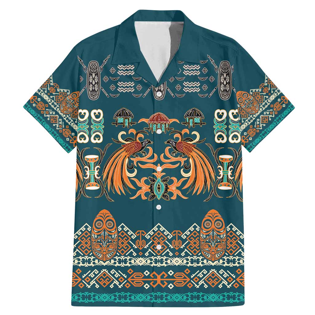 Dark Cyan Blue Batik Papua-inspired Pattern Family Matching Mermaid Dress and Hawaiian Shirt - Polynesian Pride