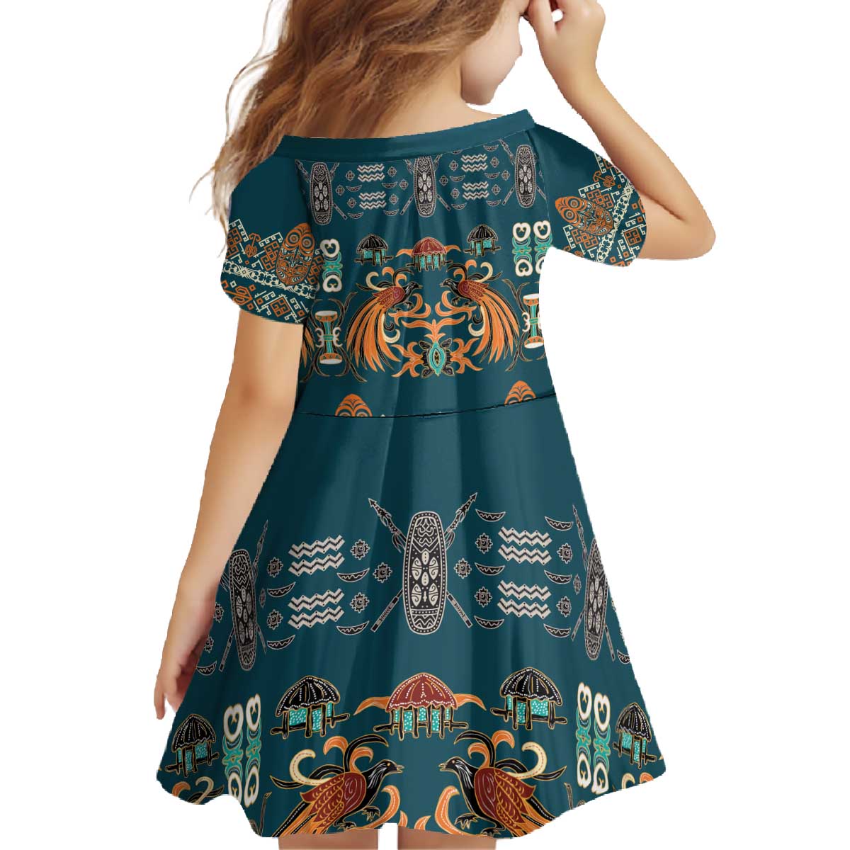 Dark Cyan Blue Batik Papua-inspired Pattern Family Matching Off The Shoulder Long Sleeve Dress and Hawaiian Shirt - Polynesian Pride