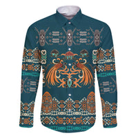 Dark Cyan Blue Batik Papua-inspired Pattern Family Matching Off The Shoulder Long Sleeve Dress and Hawaiian Shirt - Polynesian Pride