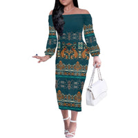 Dark Cyan Blue Batik Papua-inspired Pattern Family Matching Off The Shoulder Long Sleeve Dress and Hawaiian Shirt - Polynesian Pride