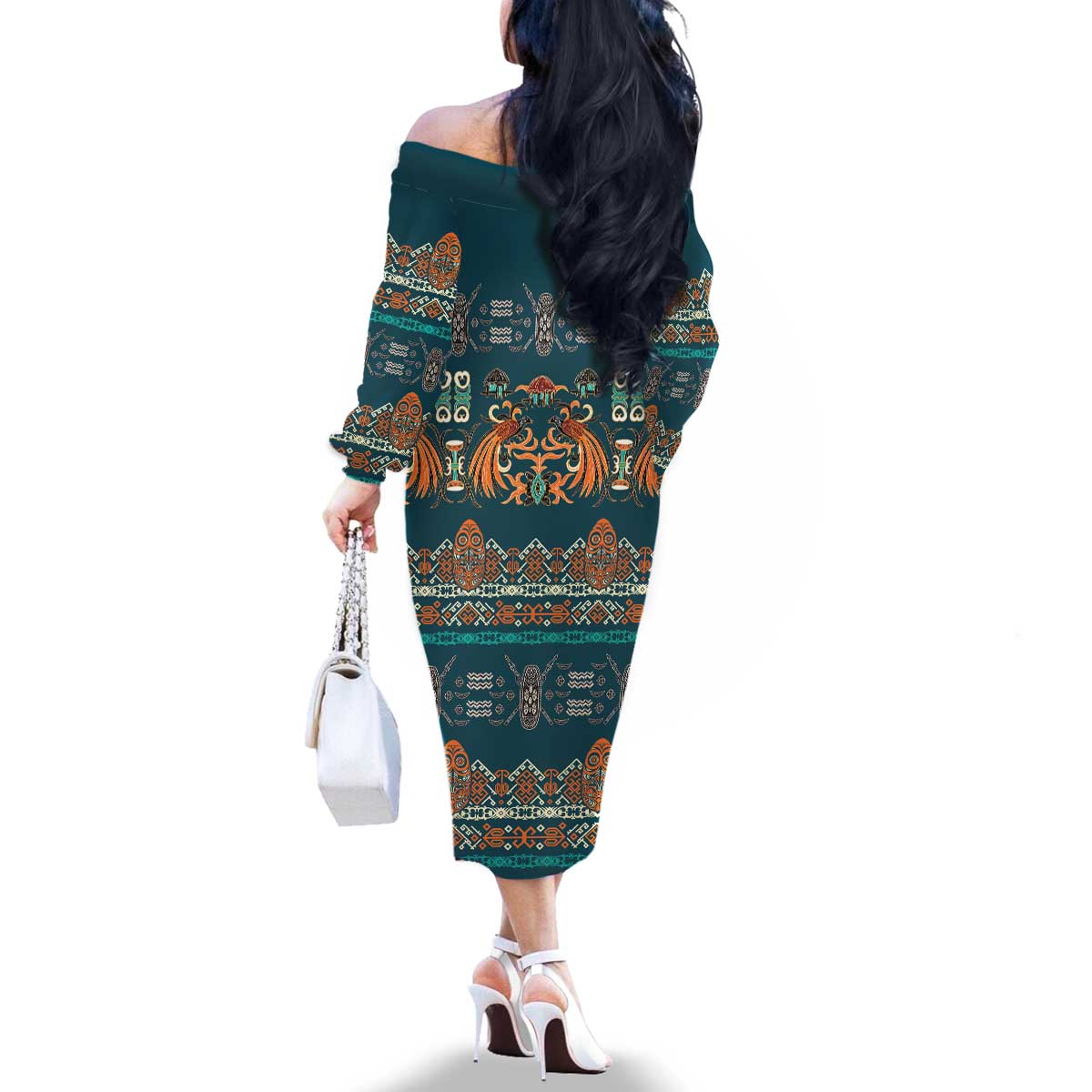 Dark Cyan Blue Batik Papua-inspired Pattern Family Matching Off The Shoulder Long Sleeve Dress and Hawaiian Shirt - Polynesian Pride