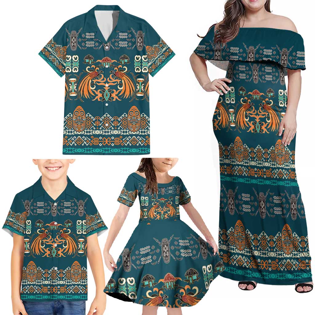 Dark Cyan Blue Batik Papua-inspired Pattern Family Matching Off Shoulder Maxi Dress and Hawaiian Shirt - Polynesian Pride