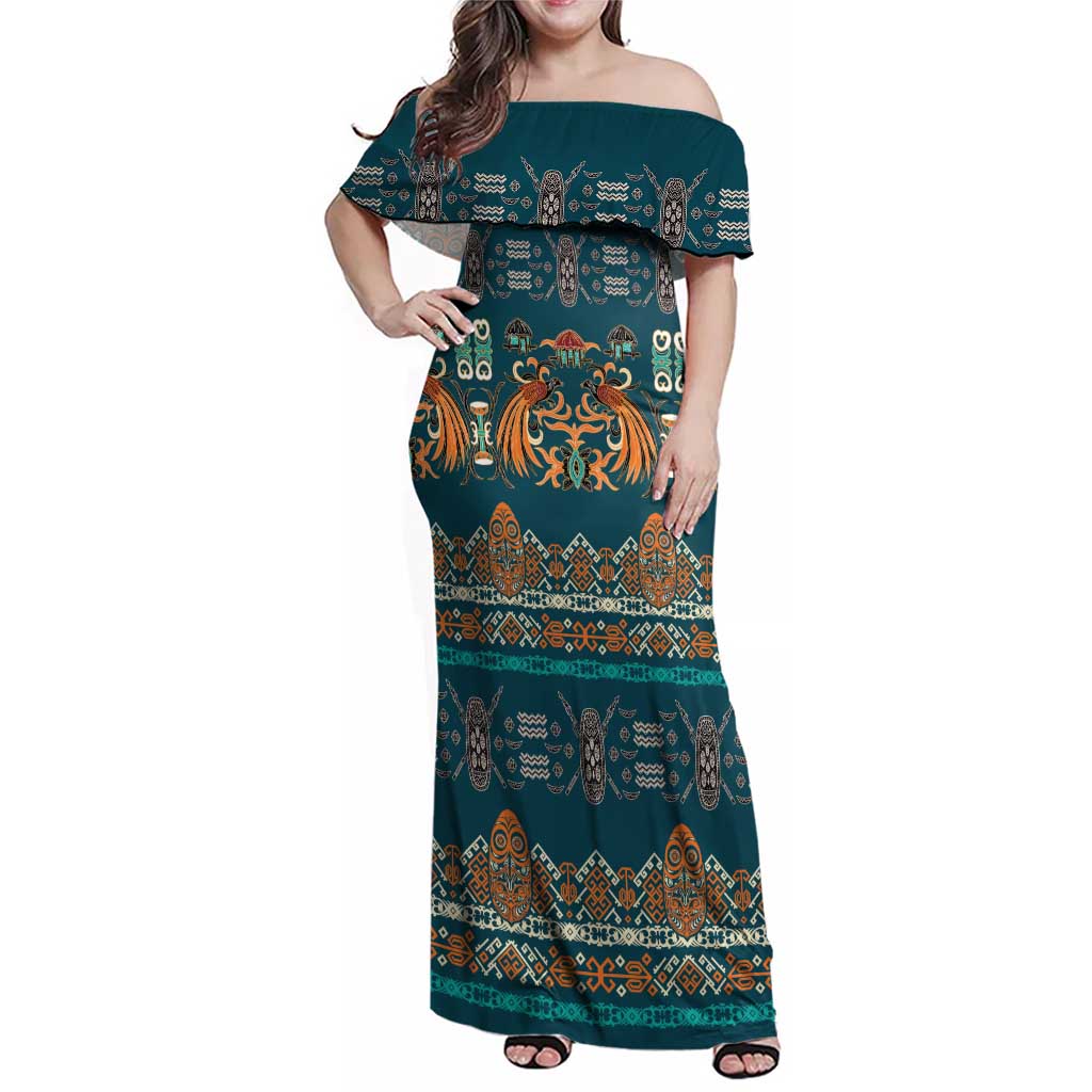 Dark Cyan Blue Batik Papua-inspired Pattern Family Matching Off Shoulder Maxi Dress and Hawaiian Shirt - Polynesian Pride