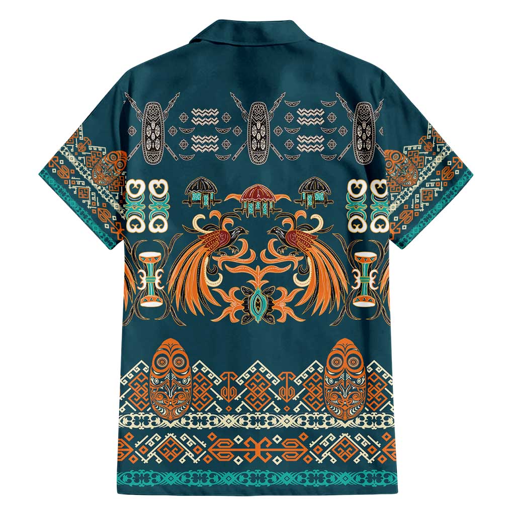 Dark Cyan Blue Batik Papua-inspired Pattern Family Matching Off Shoulder Short Dress and Hawaiian Shirt - Polynesian Pride