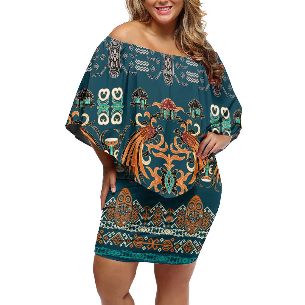 Dark Cyan Blue Batik Papua-inspired Pattern Family Matching Off Shoulder Short Dress and Hawaiian Shirt - Polynesian Pride