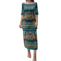 Dark Cyan Blue Batik Papua-inspired Pattern Family Matching Puletasi and Hawaiian Shirt - Polynesian Pride
