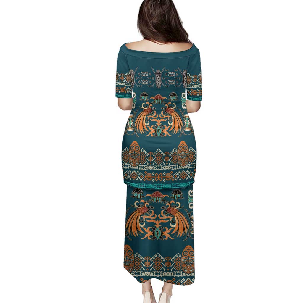 Dark Cyan Blue Batik Papua-inspired Pattern Family Matching Puletasi and Hawaiian Shirt - Polynesian Pride