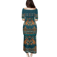 Dark Cyan Blue Batik Papua-inspired Pattern Family Matching Puletasi and Hawaiian Shirt - Polynesian Pride