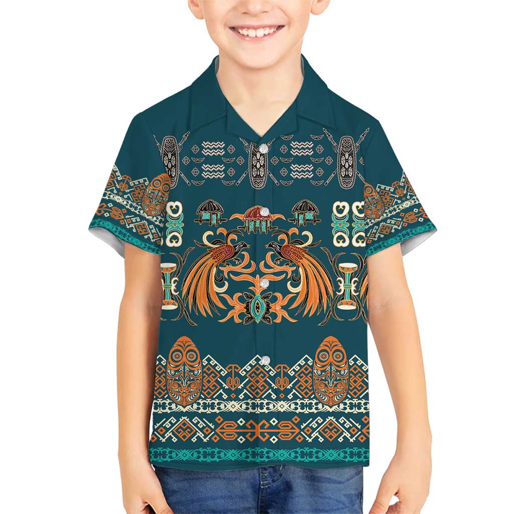 Dark Cyan Blue Batik Papua-inspired Pattern Family Matching Puletasi and Hawaiian Shirt - Polynesian Pride