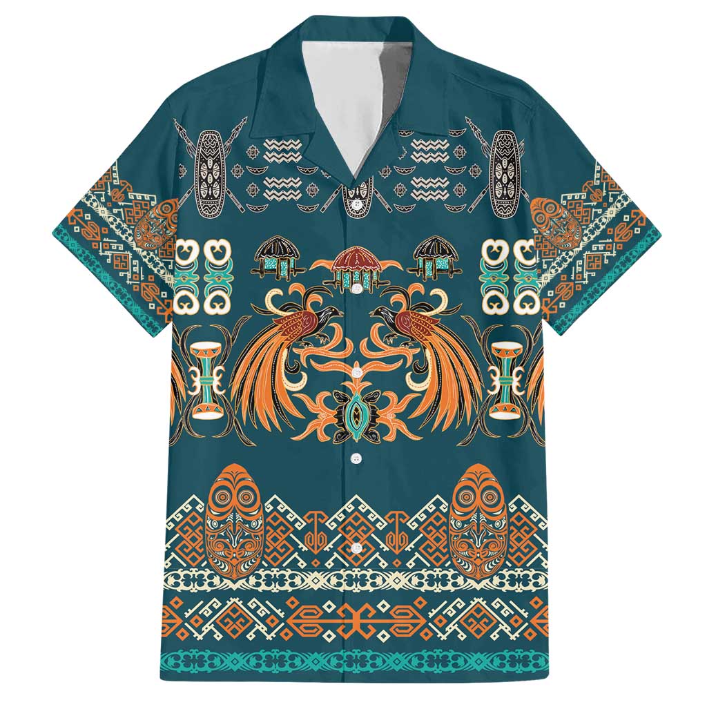 Dark Cyan Blue Batik Papua-inspired Pattern Family Matching Short Sleeve Bodycon Dress and Hawaiian Shirt - Polynesian Pride