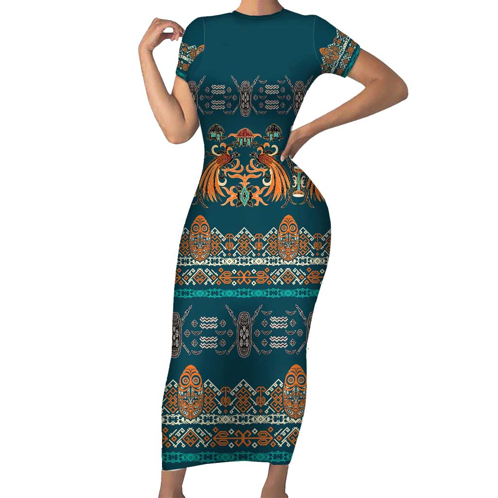 Dark Cyan Blue Batik Papua-inspired Pattern Family Matching Short Sleeve Bodycon Dress and Hawaiian Shirt - Polynesian Pride