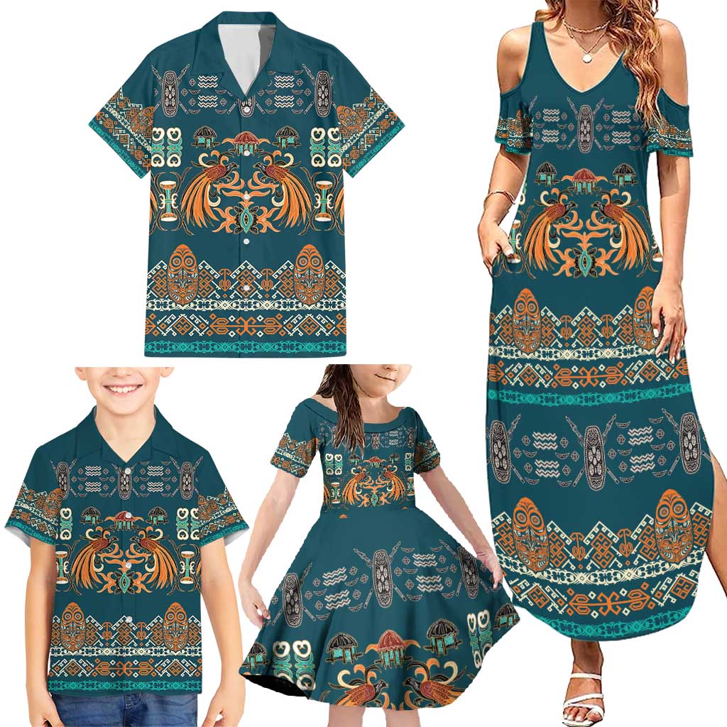 Dark Cyan Blue Batik Papua-inspired Pattern Family Matching Summer Maxi Dress and Hawaiian Shirt - Polynesian Pride