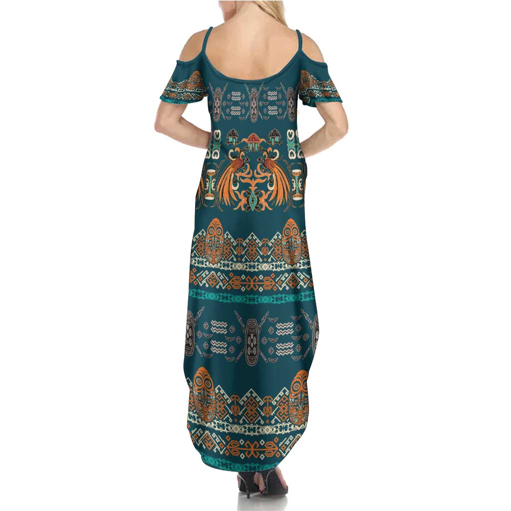 Dark Cyan Blue Batik Papua-inspired Pattern Family Matching Summer Maxi Dress and Hawaiian Shirt - Polynesian Pride