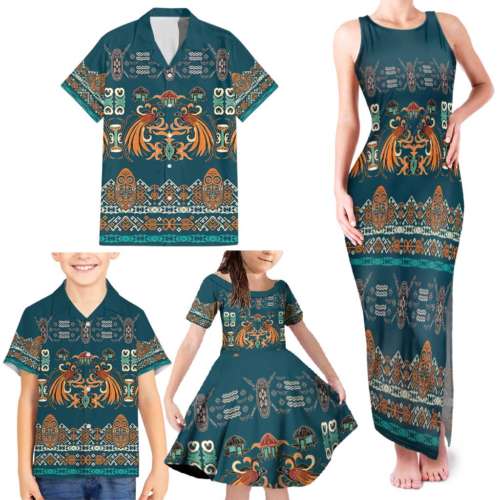 Dark Cyan Blue Batik Papua-inspired Pattern Family Matching Tank Maxi Dress and Hawaiian Shirt - Polynesian Pride