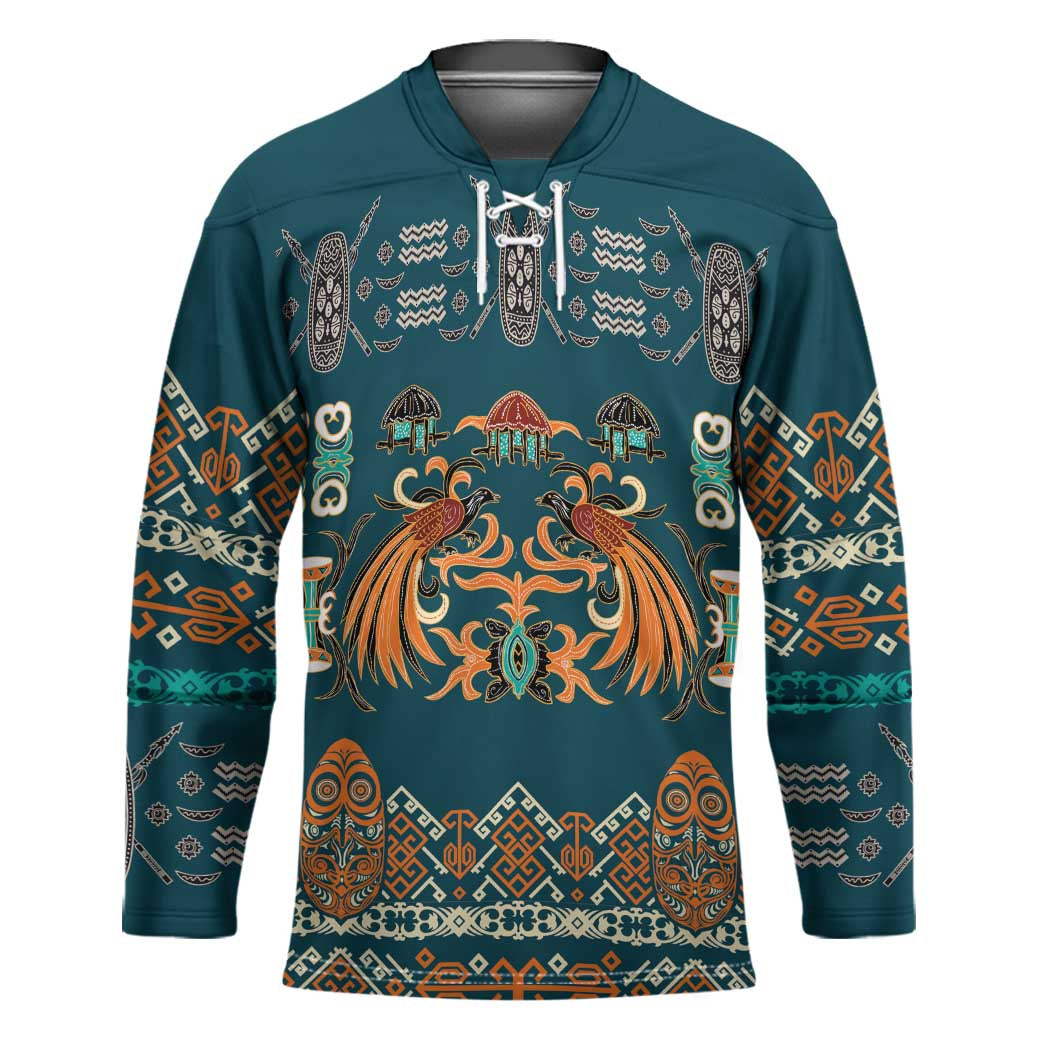 Dark Cyan Blue Batik Papua-inspired Pattern Hockey Jersey LT9 Unisex Blue - Polynesian Pride