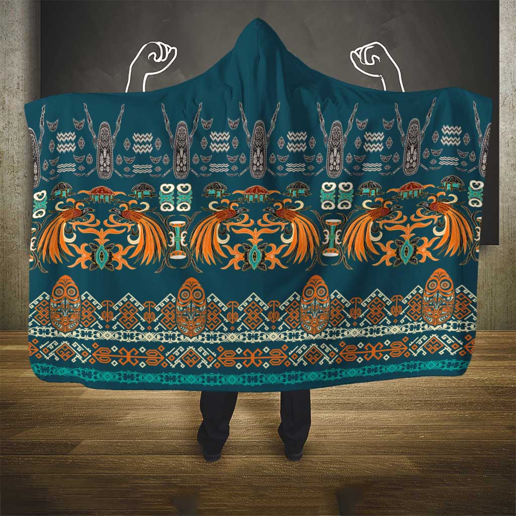 Dark Cyan Blue Batik Papua-inspired Pattern Hooded Blanket - Polynesian Pride