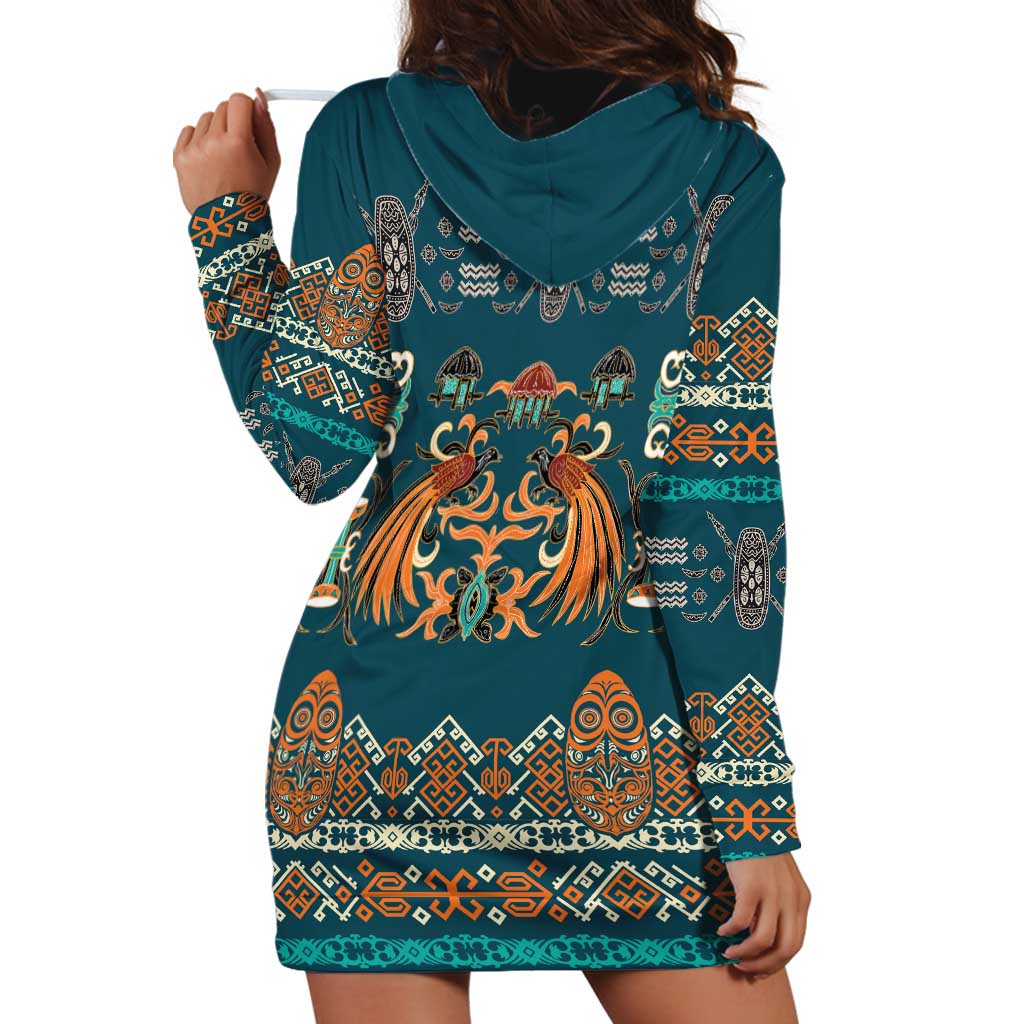 Dark Cyan Blue Batik Papua-inspired Pattern Hoodie Dress - Polynesian Pride