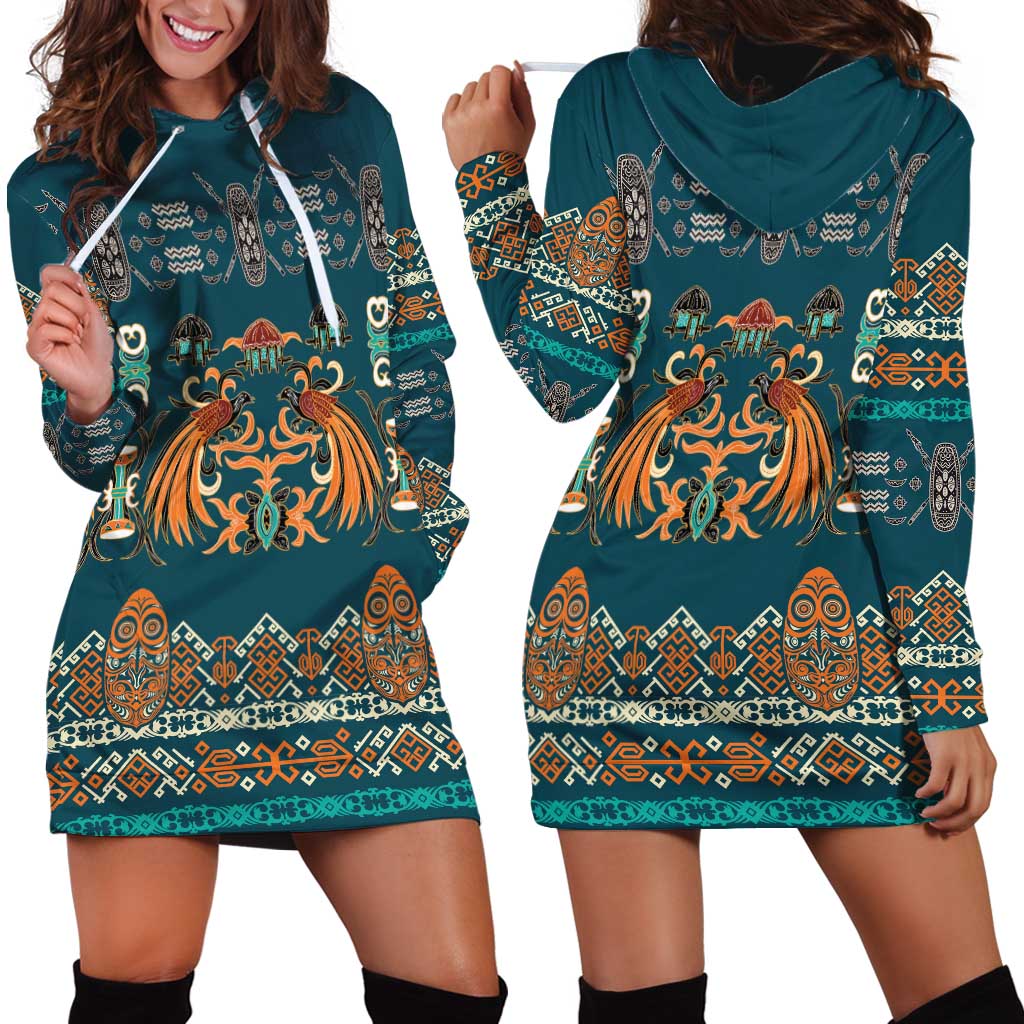 Dark Cyan Blue Batik Papua-inspired Pattern Hoodie Dress - Polynesian Pride