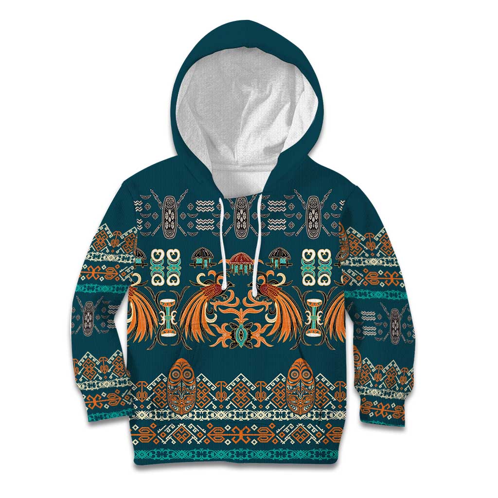 Dark Cyan Blue Batik Papua-inspired Pattern Kid Hoodie - Polynesian Pride