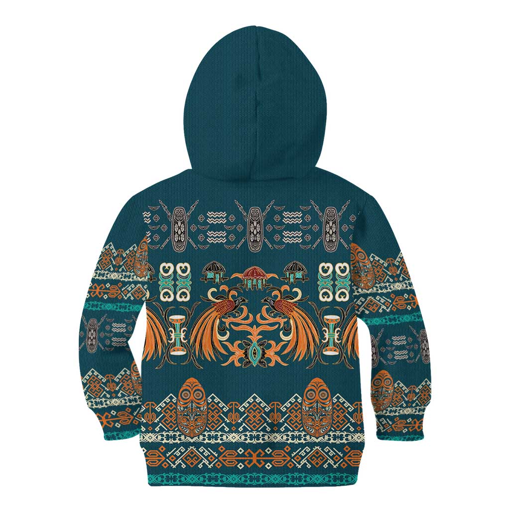 Dark Cyan Blue Batik Papua-inspired Pattern Kid Hoodie - Polynesian Pride