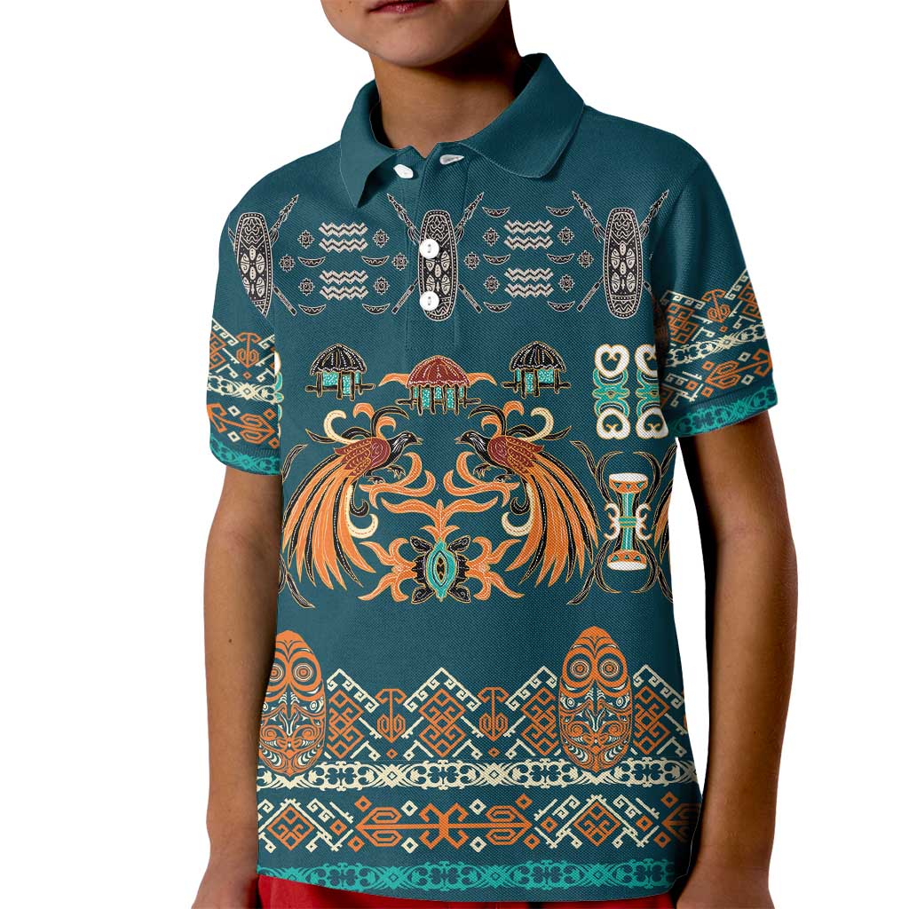 Dark Cyan Blue Batik Papua-inspired Pattern Kid Polo Shirt - Polynesian Pride