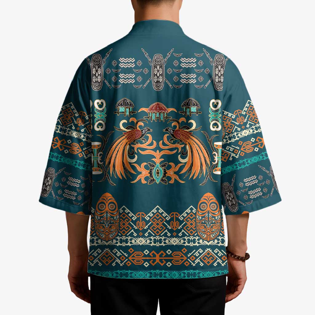 Dark Cyan Blue Batik Papua-inspired Pattern Kimono LT9 - Polynesian Pride
