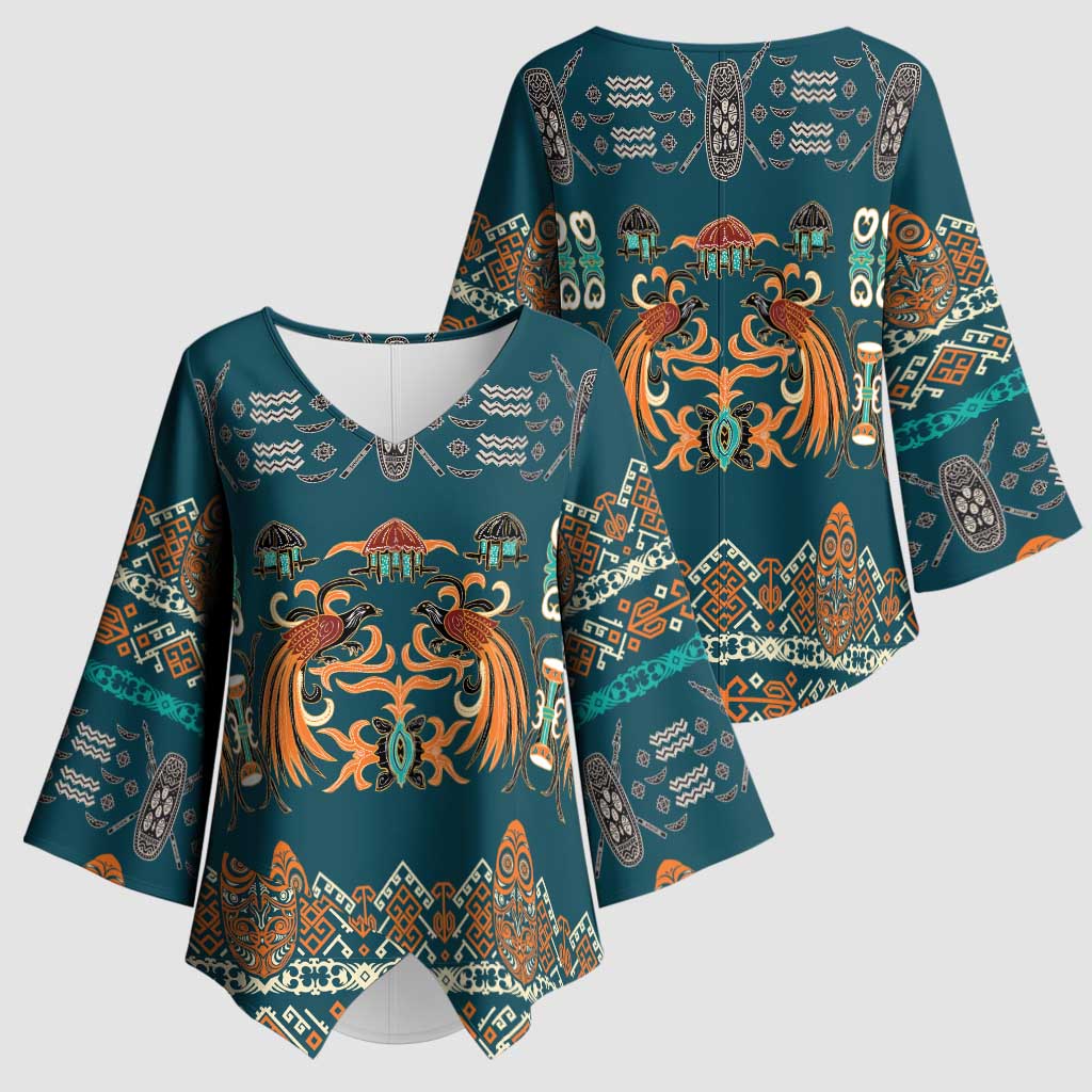 Dark Cyan Blue Batik Papua-inspired Pattern Kimono Sleeve Blouse - Polynesian Pride