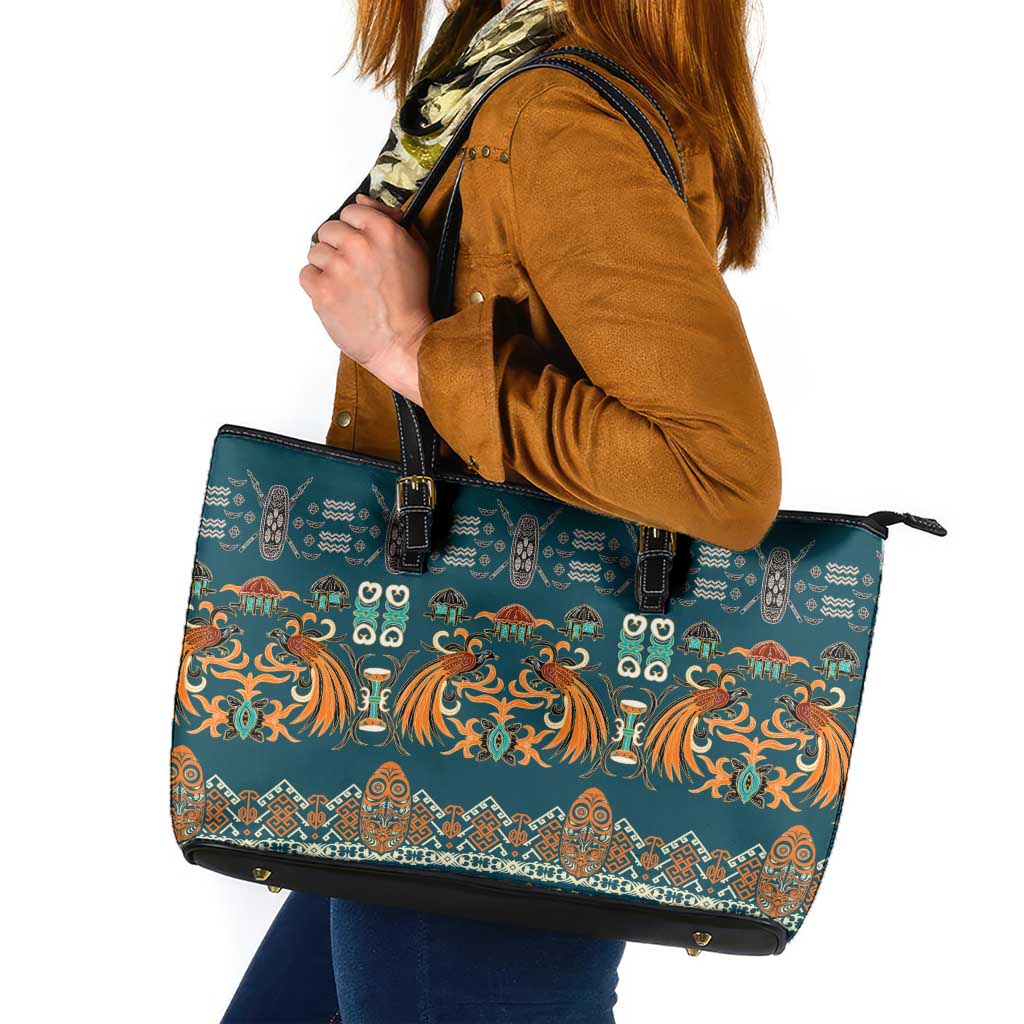 Dark Cyan Blue Batik Papua-inspired Pattern Leather Tote Bag - Polynesian Pride