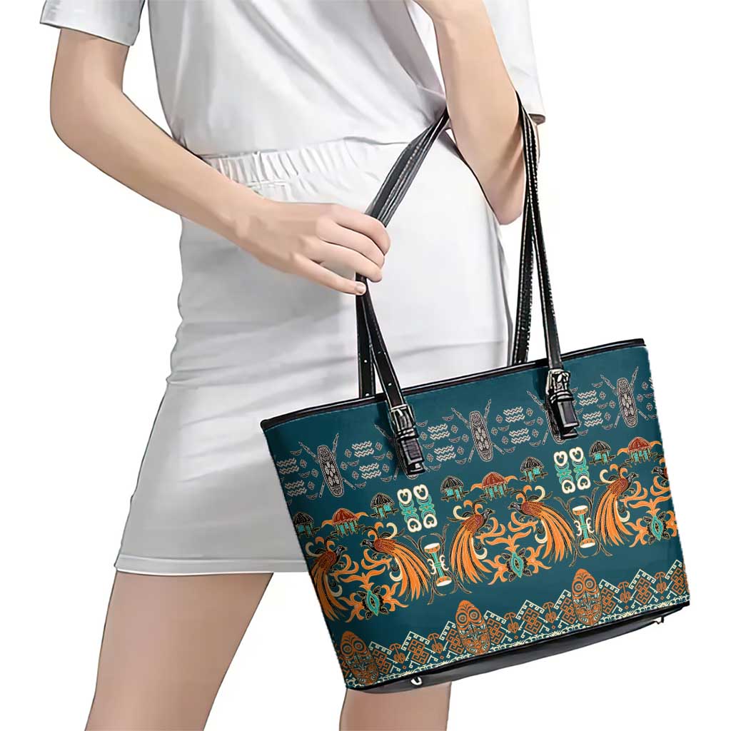 Dark Cyan Blue Batik Papua-inspired Pattern Leather Tote Bag - Polynesian Pride