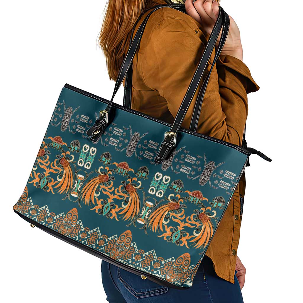 Dark Cyan Blue Batik Papua-inspired Pattern Leather Tote Bag - Polynesian Pride