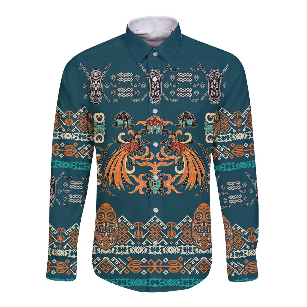 Dark Cyan Blue Batik Papua-inspired Pattern Long Sleeve Button Shirt - Polynesian Pride