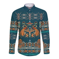 Dark Cyan Blue Batik Papua-inspired Pattern Long Sleeve Button Shirt - Polynesian Pride