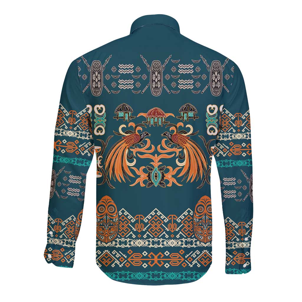 Dark Cyan Blue Batik Papua-inspired Pattern Long Sleeve Button Shirt - Polynesian Pride