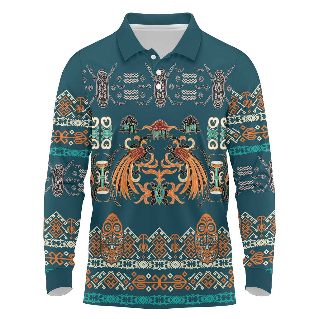 Dark Cyan Blue Batik Papua-inspired Pattern Long Sleeve Polo Shirt - Polynesian Pride