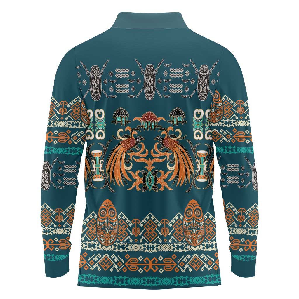 Dark Cyan Blue Batik Papua-inspired Pattern Long Sleeve Polo Shirt - Polynesian Pride