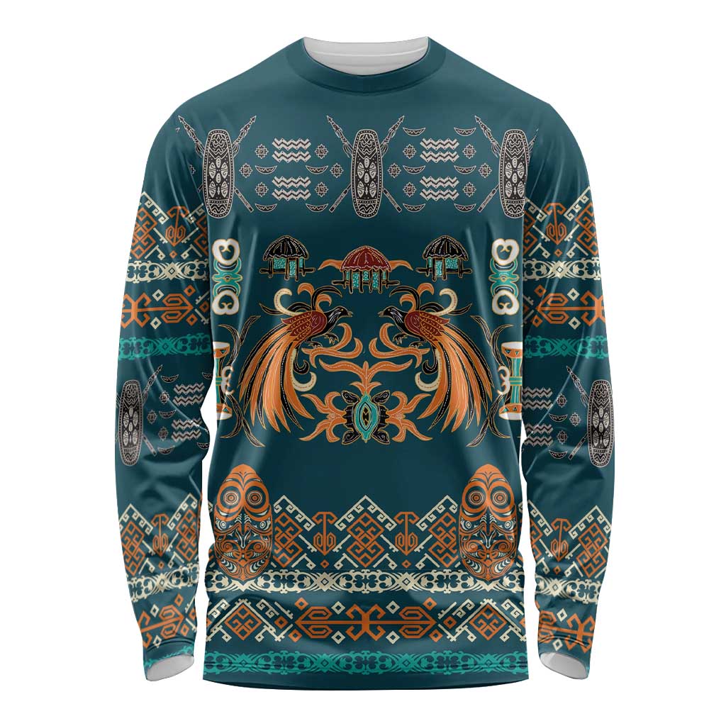 Dark Cyan Blue Batik Papua-inspired Pattern Long Sleeve Shirt LT9 Unisex Blue - Polynesian Pride