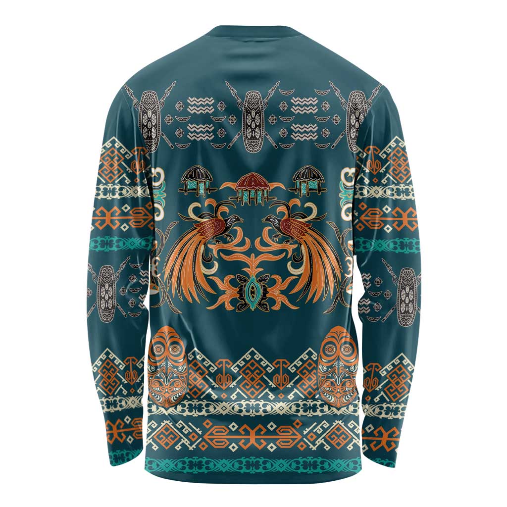 Dark Cyan Blue Batik Papua-inspired Pattern Long Sleeve Shirt LT9 - Polynesian Pride