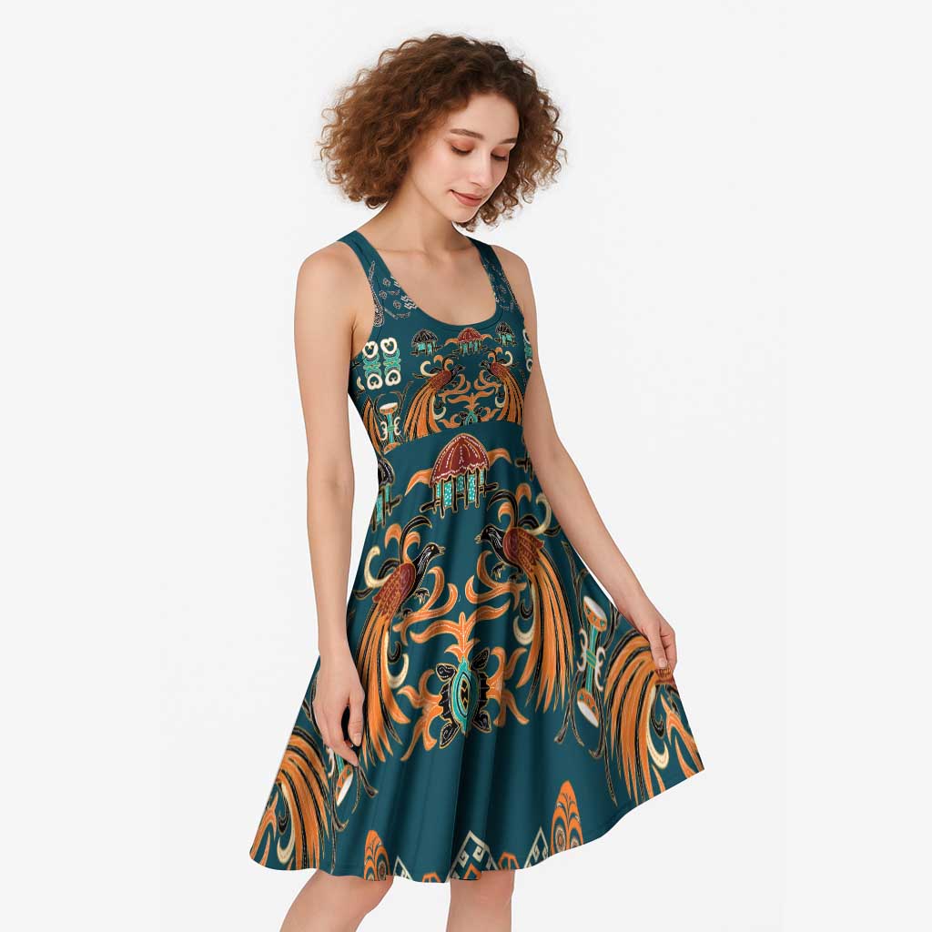Dark Cyan Blue Batik Papua-inspired Pattern Midi Dress - Polynesian Pride