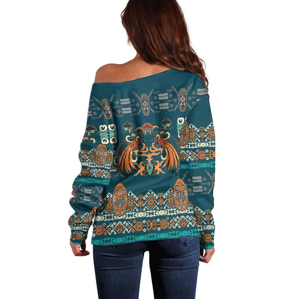Dark Cyan Blue Batik Papua-inspired Pattern Off Shoulder Sweater - Polynesian Pride