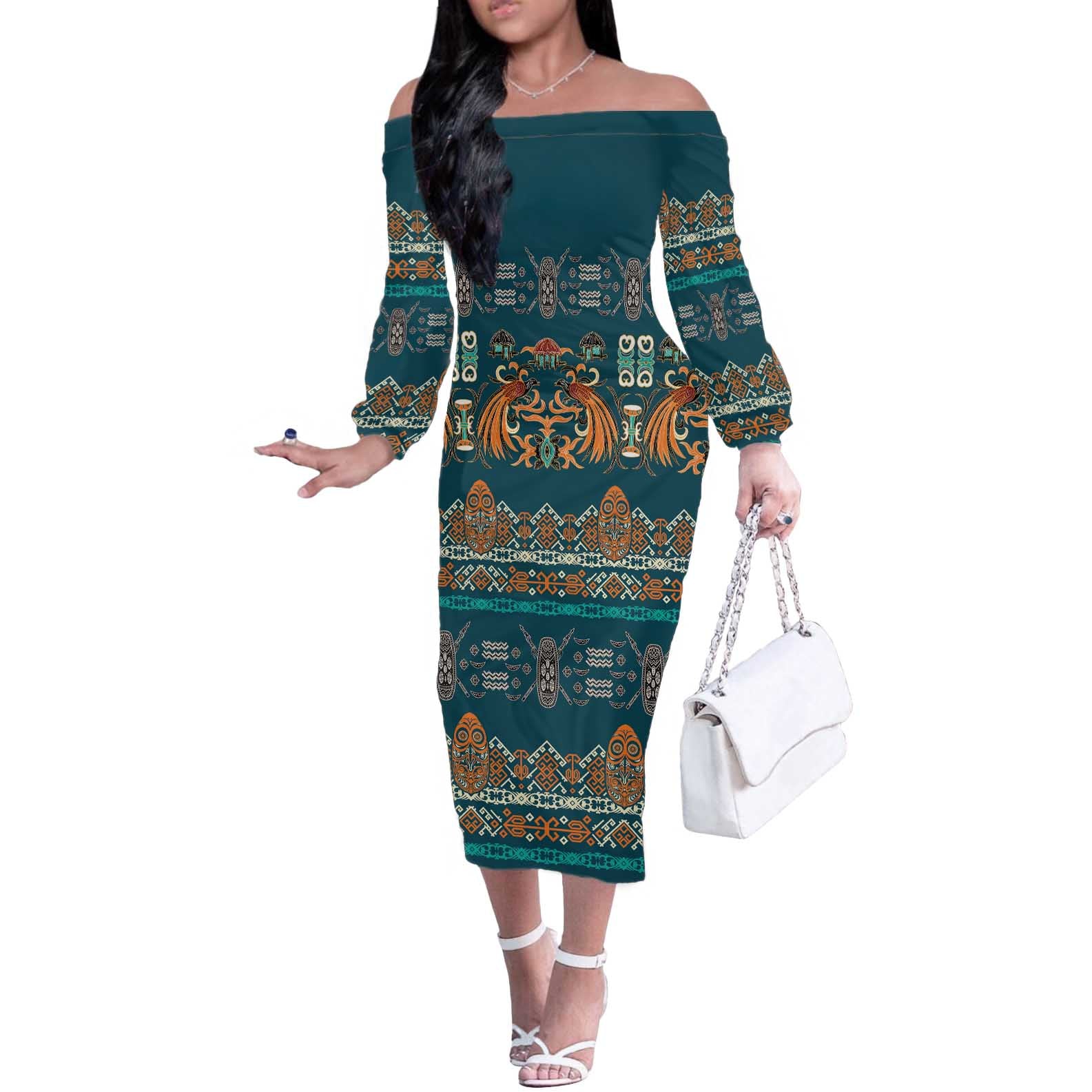 Dark Cyan Blue Batik Papua-inspired Pattern Off The Shoulder Long Sleeve Dress - Polynesian Pride