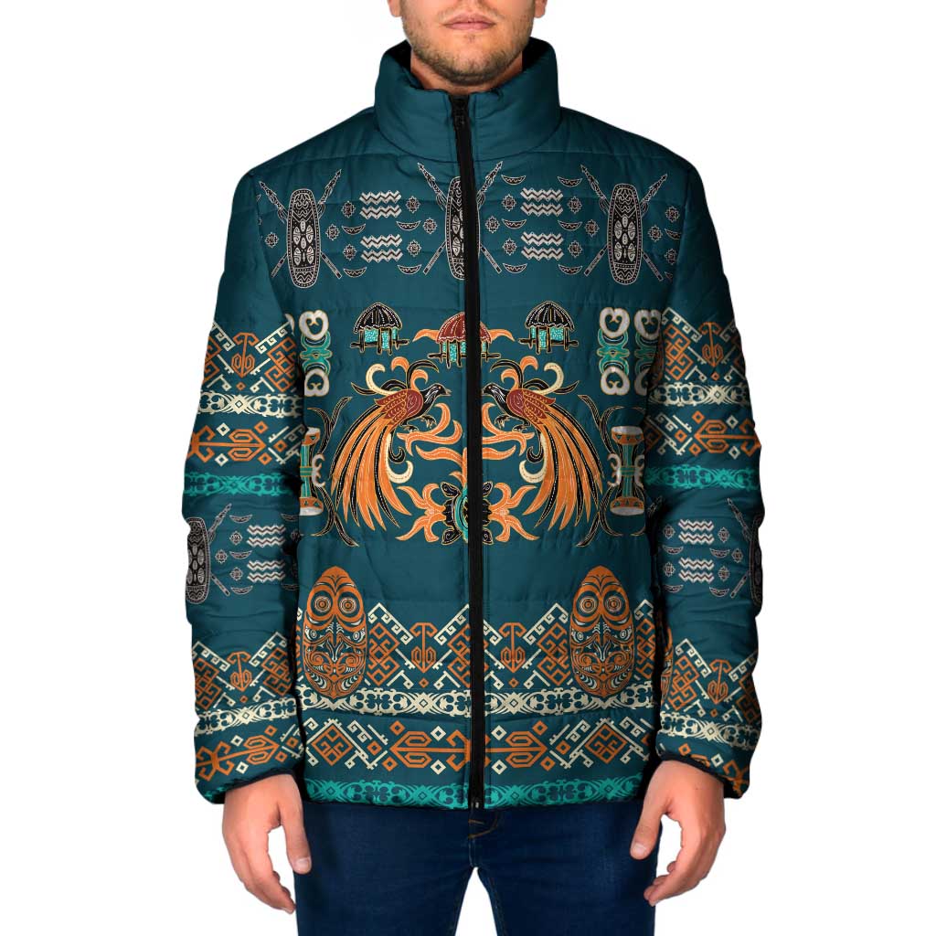 Dark Cyan Blue Batik Papua-inspired Pattern Padded Jacket LT9 Men Blue - Polynesian Pride
