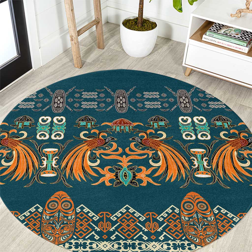 Dark Cyan Blue Batik Papua-inspired Pattern Round Carpet - Polynesian Pride