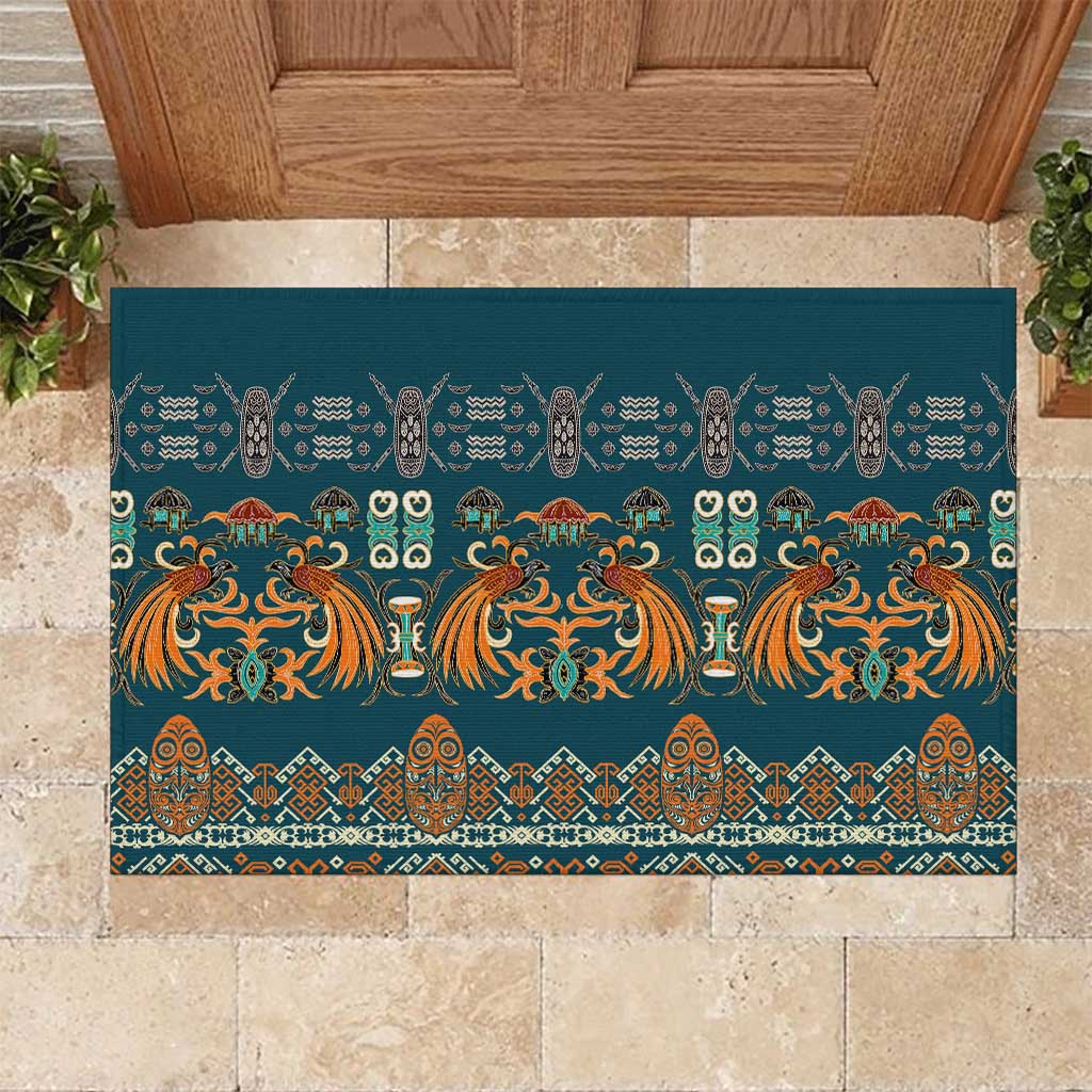 Dark Cyan Blue Batik Papua-inspired Pattern Rubber Doormat LT9 Blue - Polynesian Pride