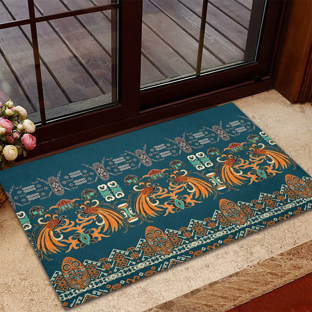 Dark Cyan Blue Batik Papua-inspired Pattern Rubber Doormat LT9 - Polynesian Pride