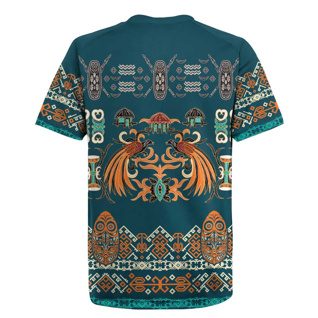 Dark Cyan Blue Batik Papua-inspired Pattern Rugby Jersey - Polynesian Pride