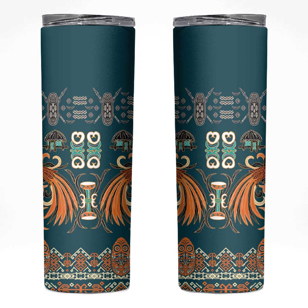 Dark Cyan Blue Batik Papua-inspired Pattern Skinny Tumbler - Polynesian Pride